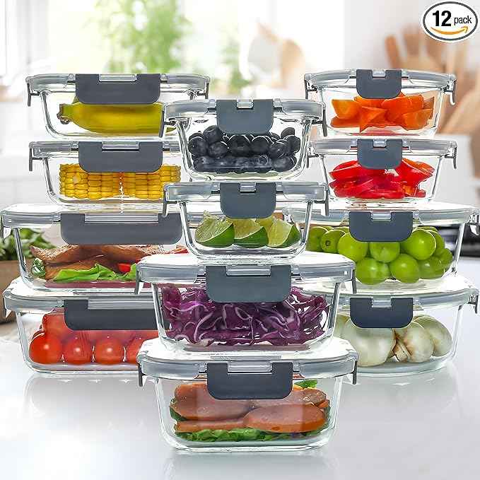 UMEIED 12 PACK Glass Food Storage Containers with Leak Proof Lids, Glass Airtight Meal Prep Containers Set for Lunch, On the Go, Leftover, Kitchen Pantry Organizers and Storage (Grey)