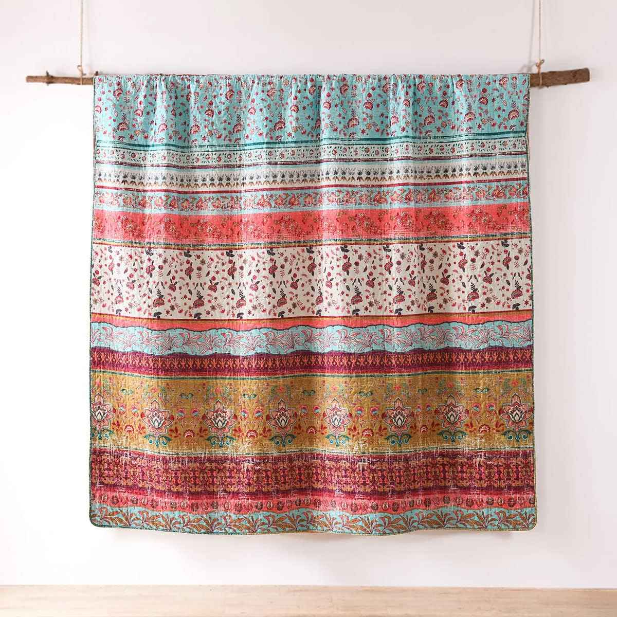 Boho Style King Quilt Set Reversible Bohemian Floral Strip Quilt Beddding Set, Soft and Lightweight Bedspread for All Season, Oversize King Bed Coverlet with 2 Matching Pillow Shams (3 Pieces)