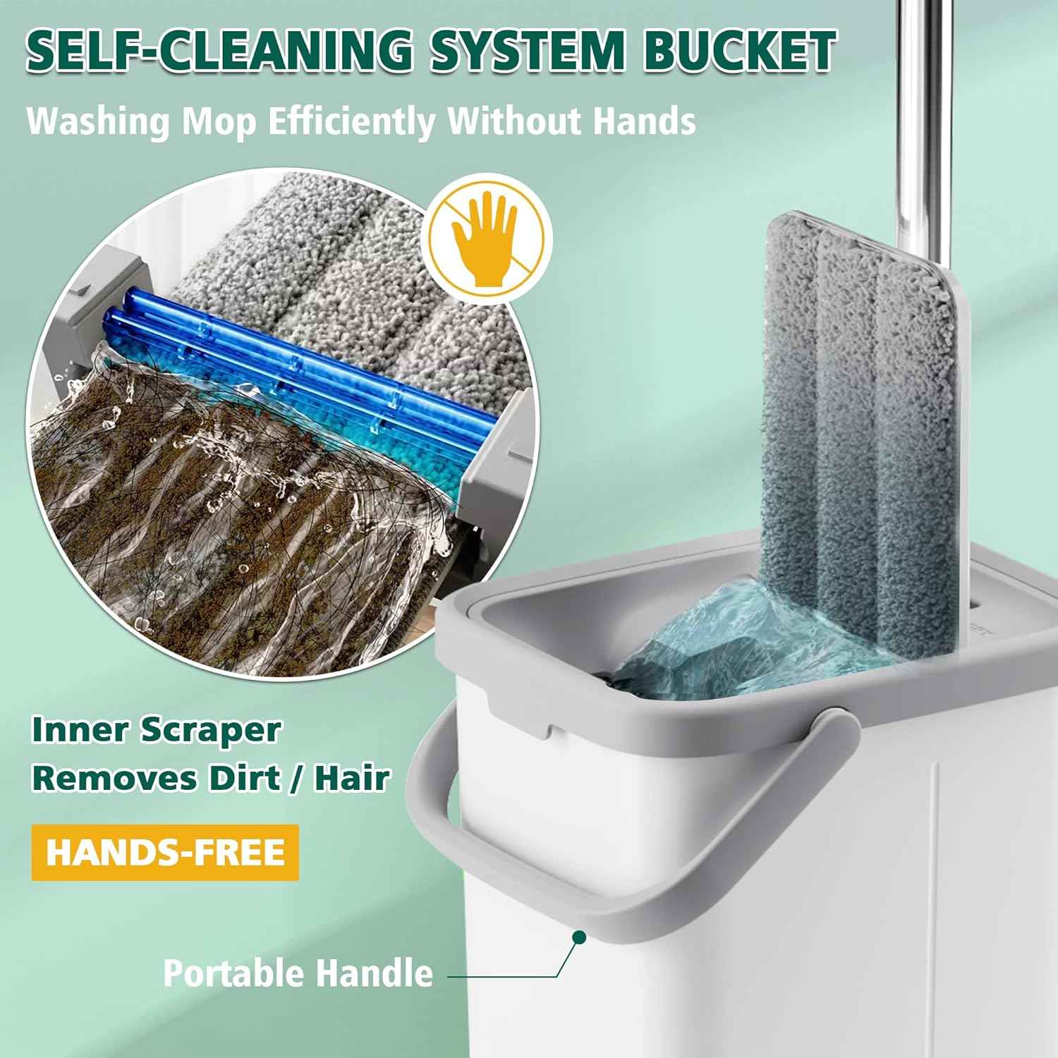 Mop and Bucket with Wringer Set, Hands Free Flat Floor Mop and Bucket, 3 Washable Microfiber Pads Included, Wet and Dry Use, Home Floor Cleaning System for All Floor Types and Windows