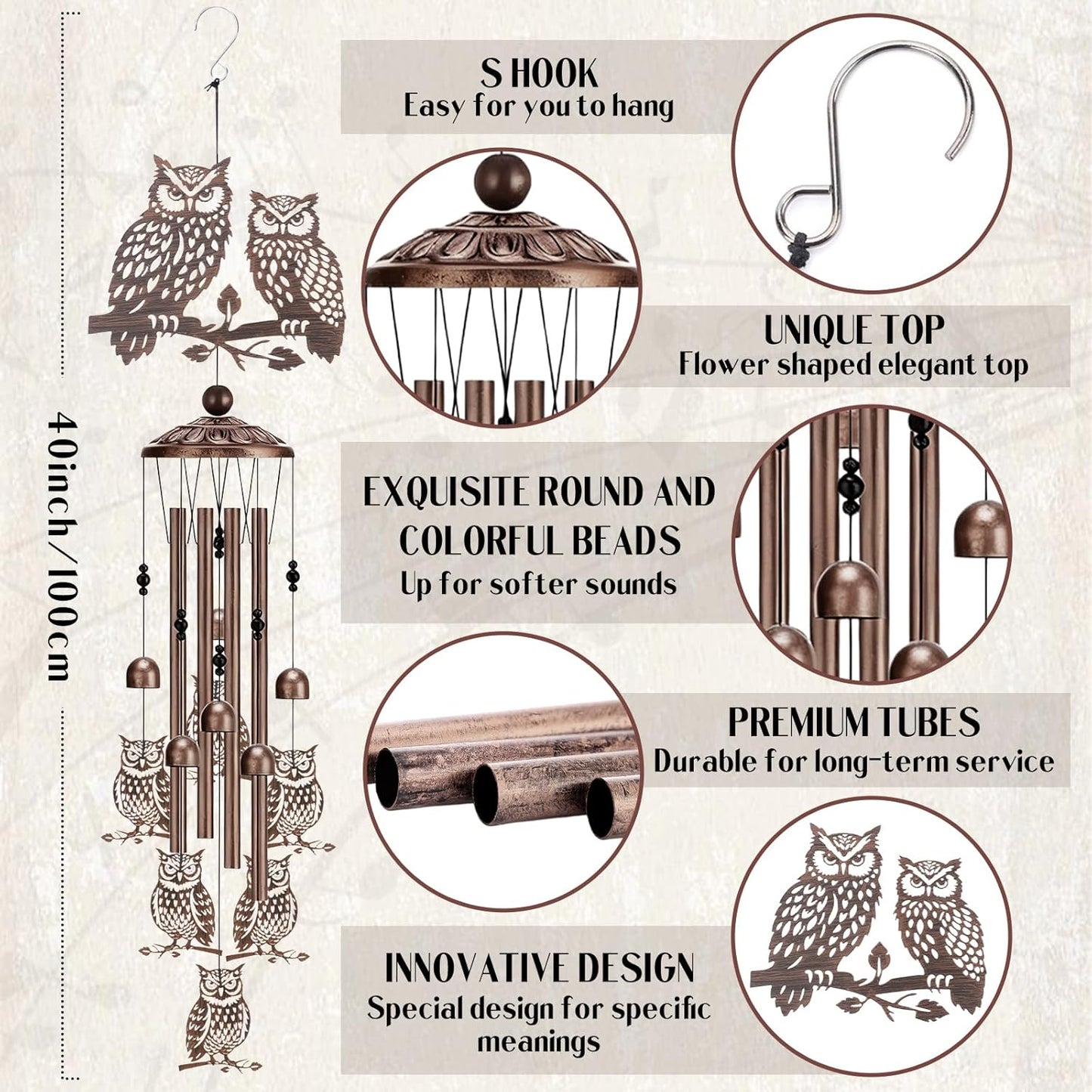Wind Chimes for Outside - Owl Gifts for Women Mom Grandma Metal Windchimes with Greeting Card Indoor Outdoor Art Decor Garden Patio Lawn Hanging Decoration Christmas New Year Birthday Gift