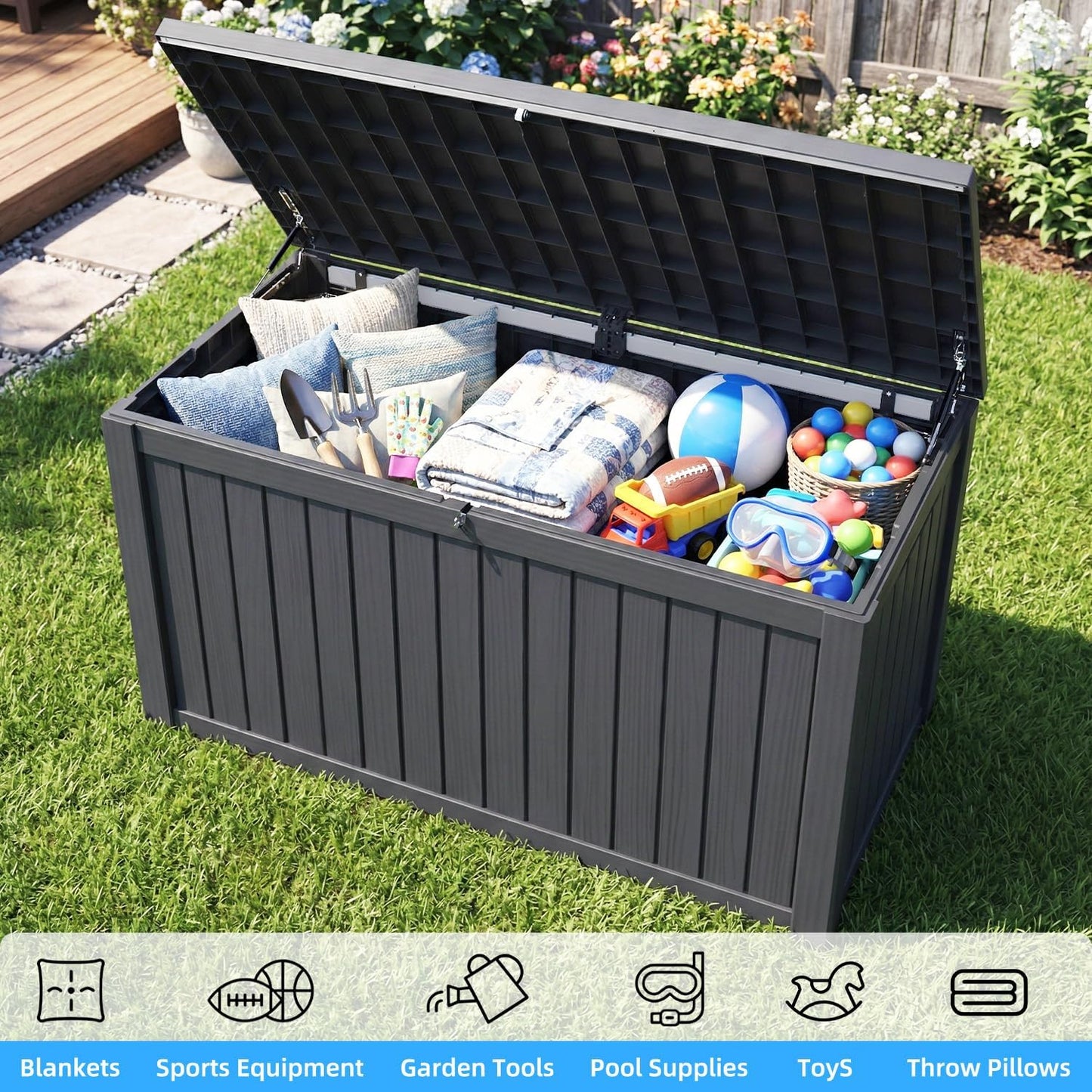 200 Gallon Deck Box, Resin Outdoor Waterproof Storage Box, Lockable Storage Box With Handle for Patio Furniture - Garden Tools - Swimming Pool Tools UV Resistant, Black - 200