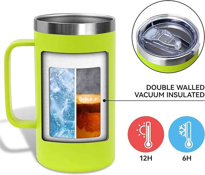 DOMICARE 24oz Mug with Handle and Lid, Stainless Steel Coffee Mug, Travel Mug with Handle, Double Wall Vacuum Coffee Tumbler, Reusable Insulated Cup, Light Green, Pack 8