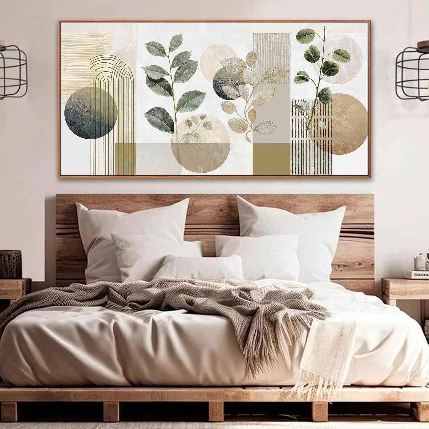 Boho Wall Art Mid Century Canvas Wall Art Decor Set Bohemian Abstract Wall Decor Modern Painting Neutral Botanical Print Picture Living Room Bedroom Office Artwork 24" X 48" With Framed