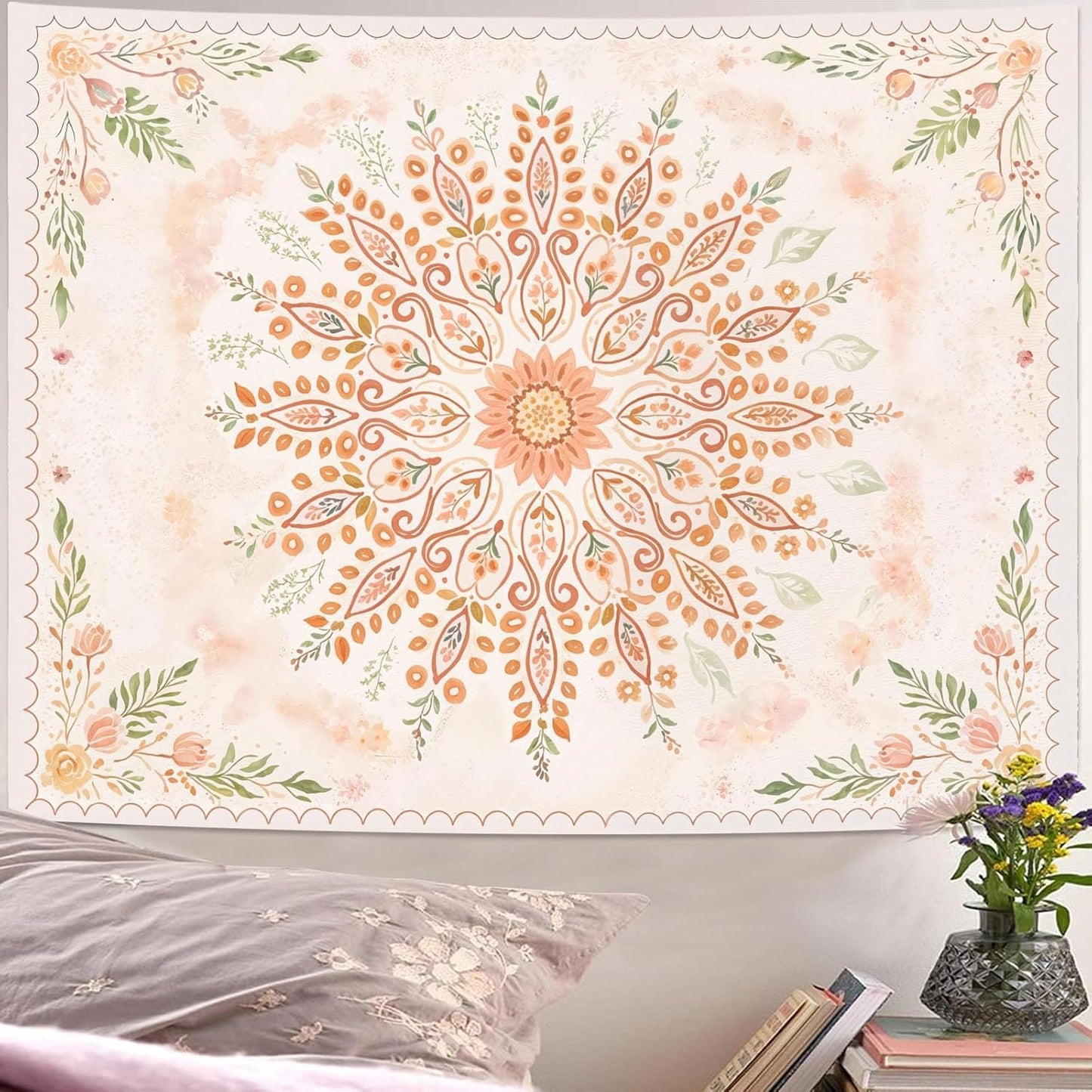 Lunerfex Floral Mandala Tapestry Boho Tapestry for Bedroom Peach Tapestries Wall Hanging Living Room Wall Art and Home Decor 60x80