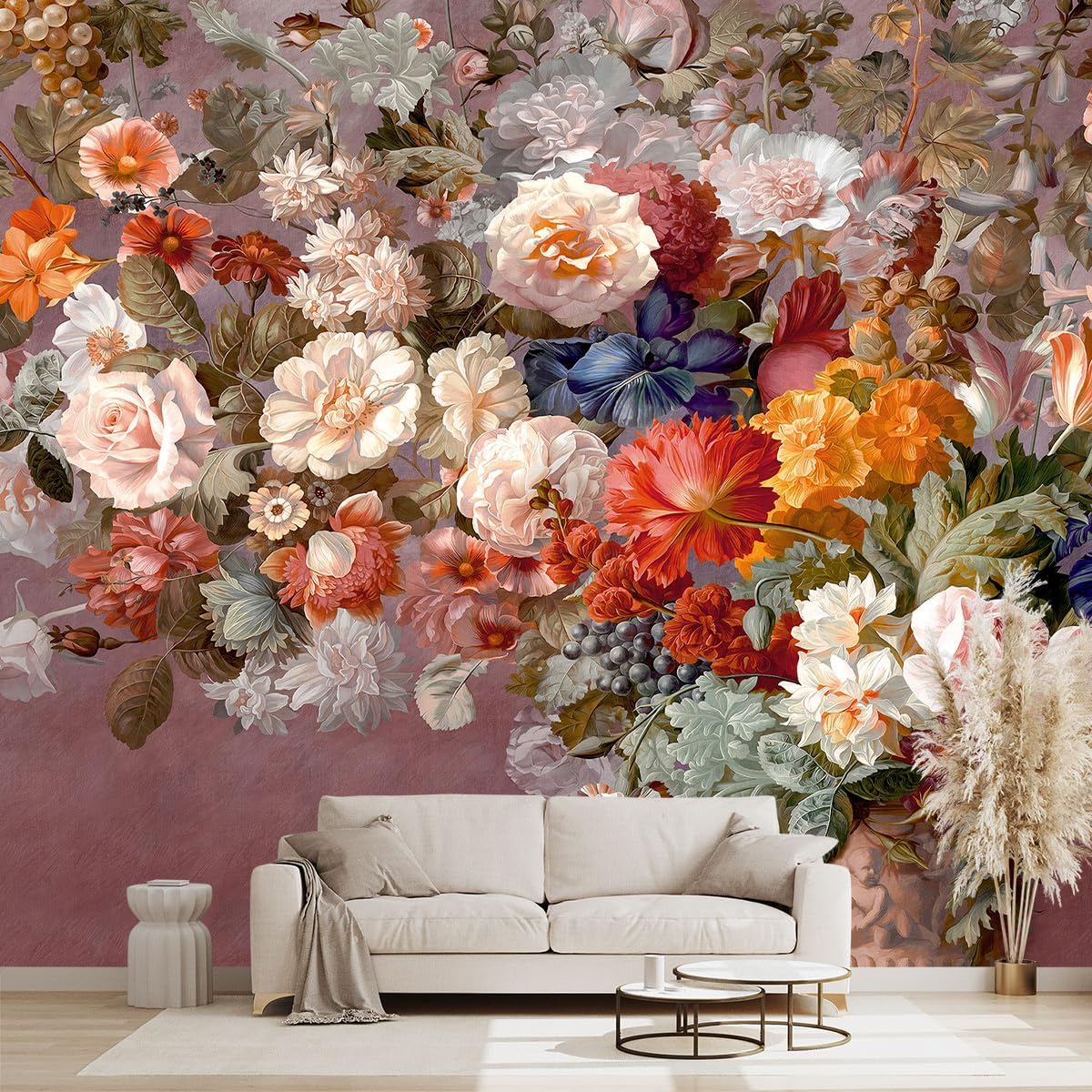 Colorful Floral Leaf Bathroom wallpeper Living Room Bedroom Pink Flower Wall Mural - 160"x108" (Not Peel and Stick)