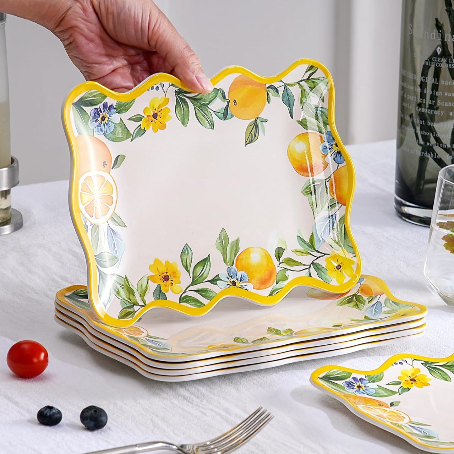 6.6 Inch Square Plates & 8.8 Inch Rectangle Plates, Melamine Dinnerware Set for RV, Camping, Outdoor, Lemon Design, 12 Pcs, Lightweight & Durable
