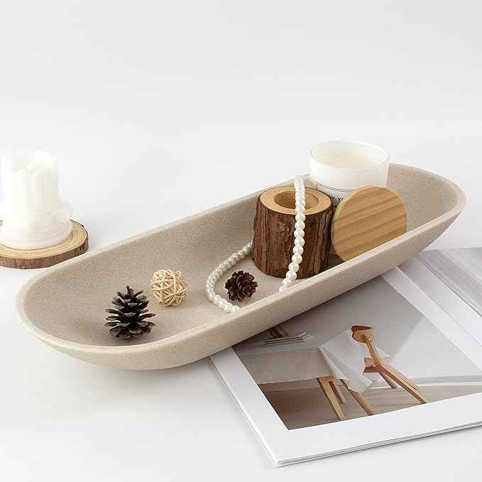Enhanced Long Large Decorative Bowl for Home Decor - Long Dough Bowl for Table Centerpieces 17.72"W x 2.24"H - Beige Minimalist Design Dough Decor Bowl for Coffee Table, Dining Table Centerpiece