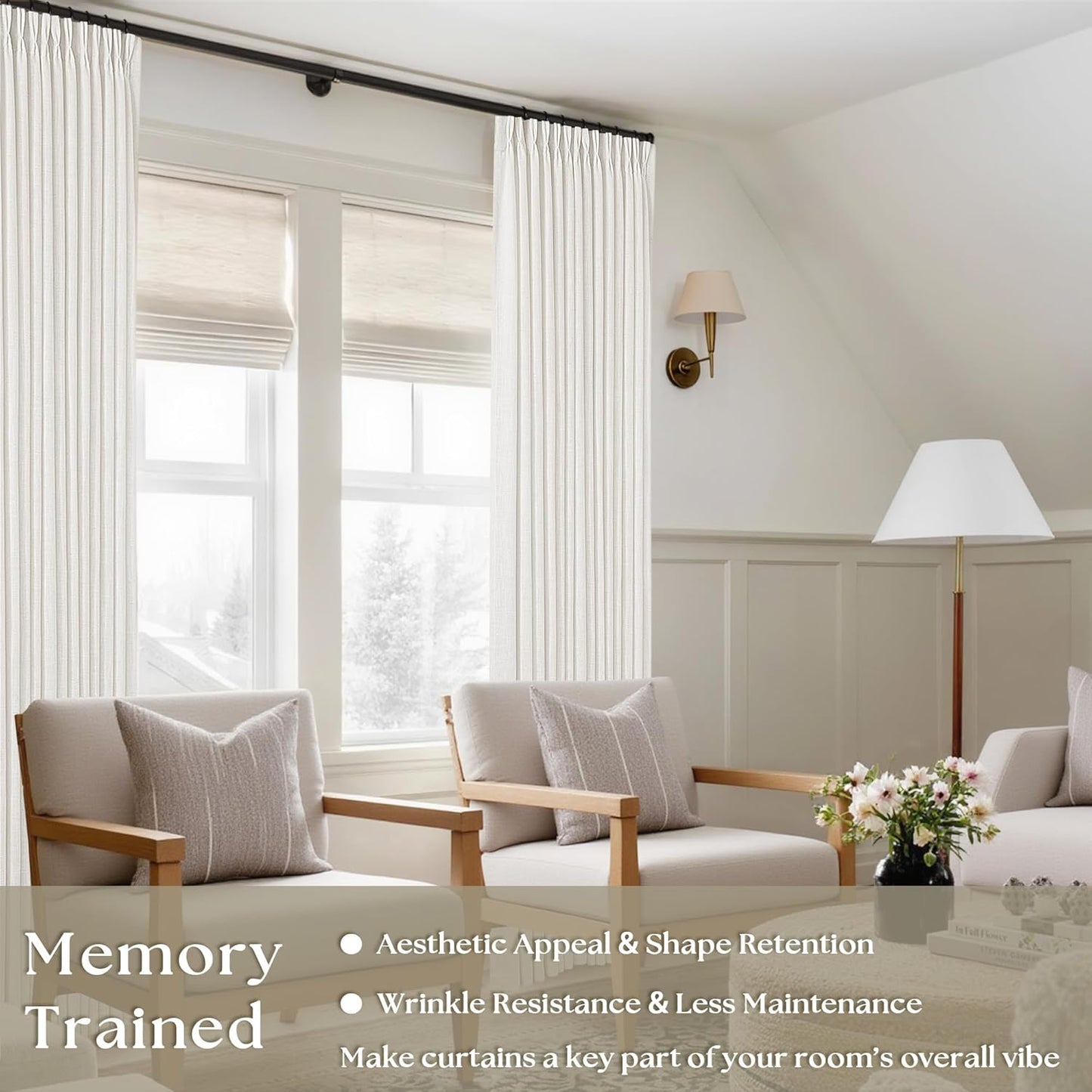 Beige White Linen Curtains Pinch Pleated 84 Inches Long for Living Room Bedroom Pleat with Rings Back Tab Semi Sheer Curtains 84 Inch Length 2 Panels Set Light Filtering Farmhouse Drapes