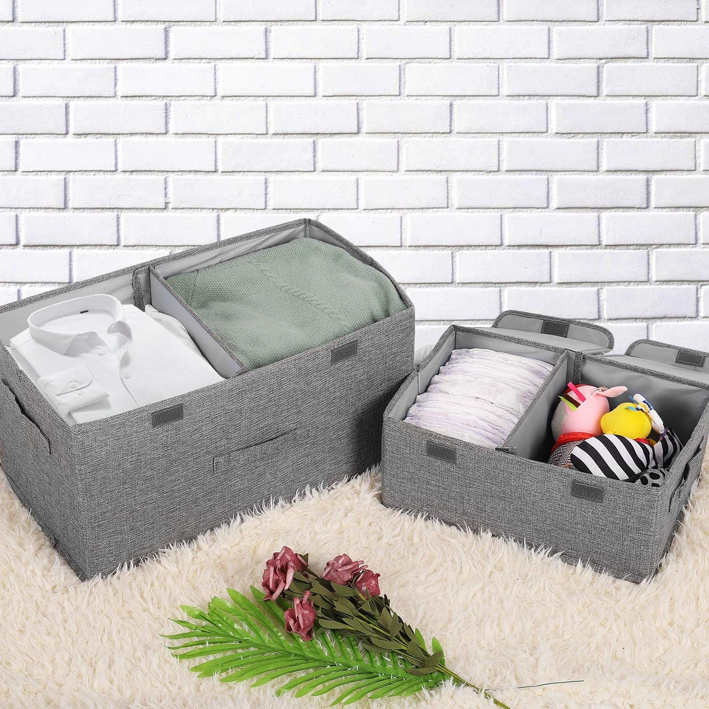 2 Pack Large Storage Boxes with Lids and Handles, Collapsible Linen Storage Bins Organizer Containers Baskets Cube with Removable Divider for Home Bedroom Closet Office (Coffee, Large)