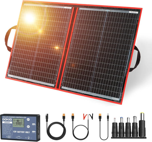 DOKIO 100W Portable Foldable Solar Panel Kit, Compact 21x28in Design 5.9lb with Standalone Controller and USB, Monocrystalline Charger for 12V Batteries, Power Stations, RV Camping Emergency Use
