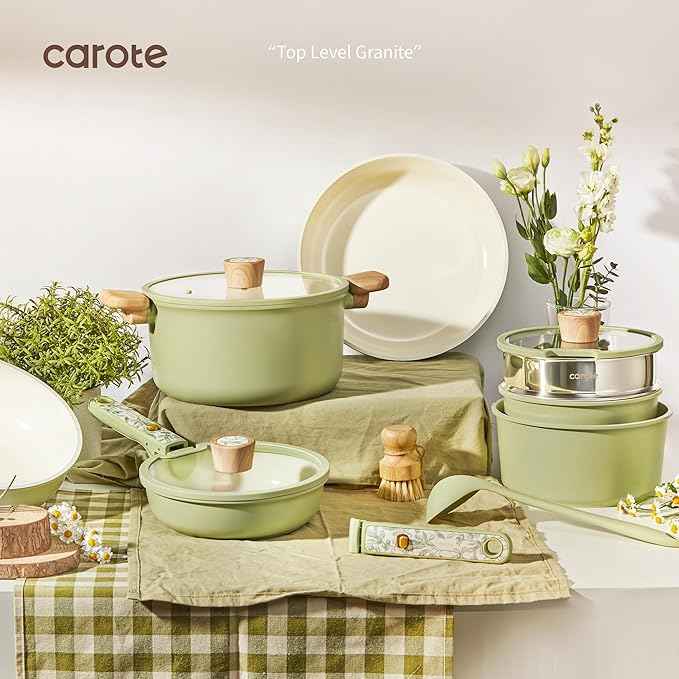 CAROTE 25-Piece Ceramic Cookware Set, Nonstick Pots and Pans Set with Detachable Handle, Non-Toxic Kitchen Cooking Set, Dishwasher & Oven Safe, Induction Compatible, PFAS Free, Mothers Day Gifts