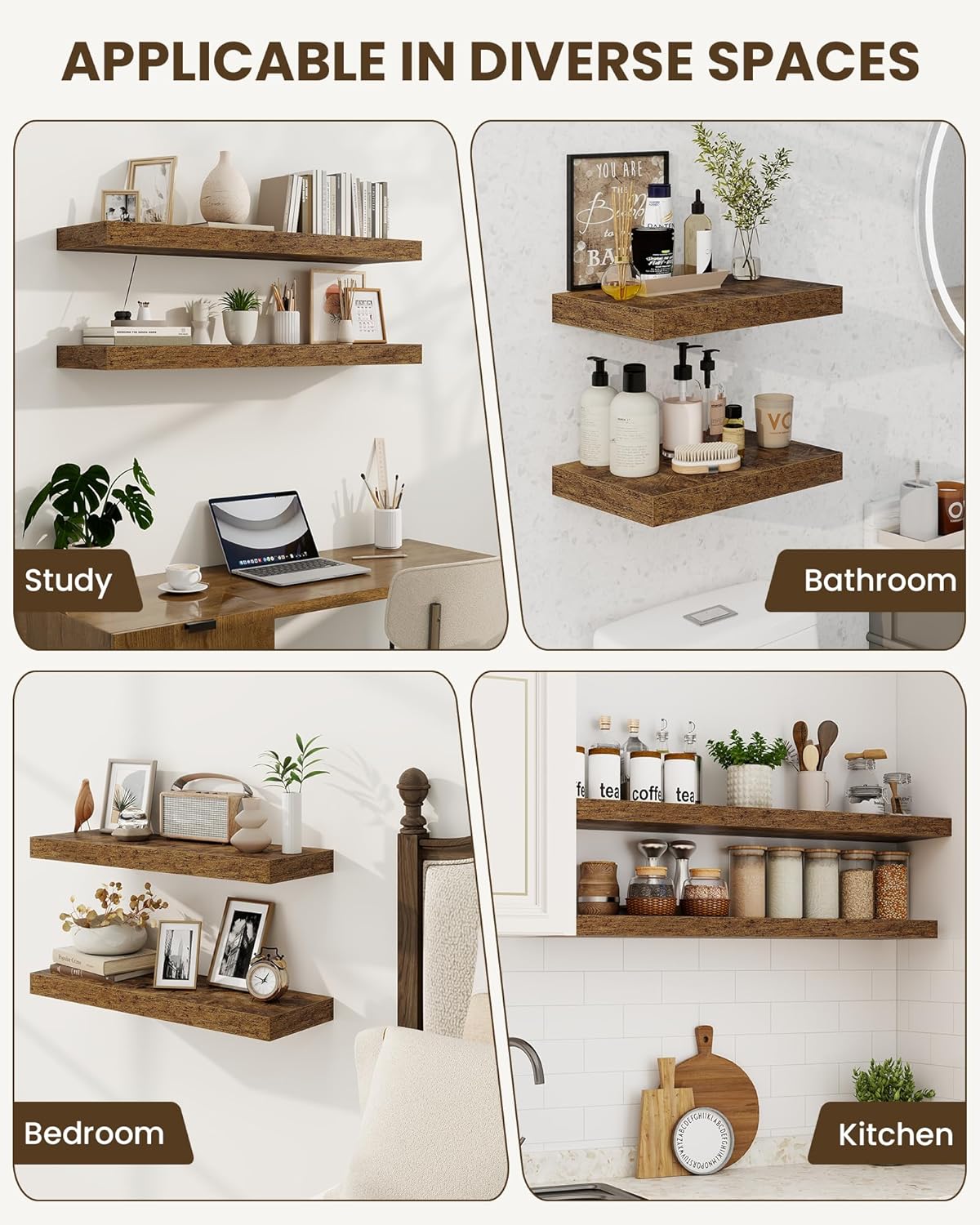 Marsmiles 36" Floating Shelves for Wall, Wooden Shelves with Invisible Brackets Set of 2, Rustic Farmhouse Wall Mounted Shelf for Kitchen Bathroom Living Room Study, Rustic Brown