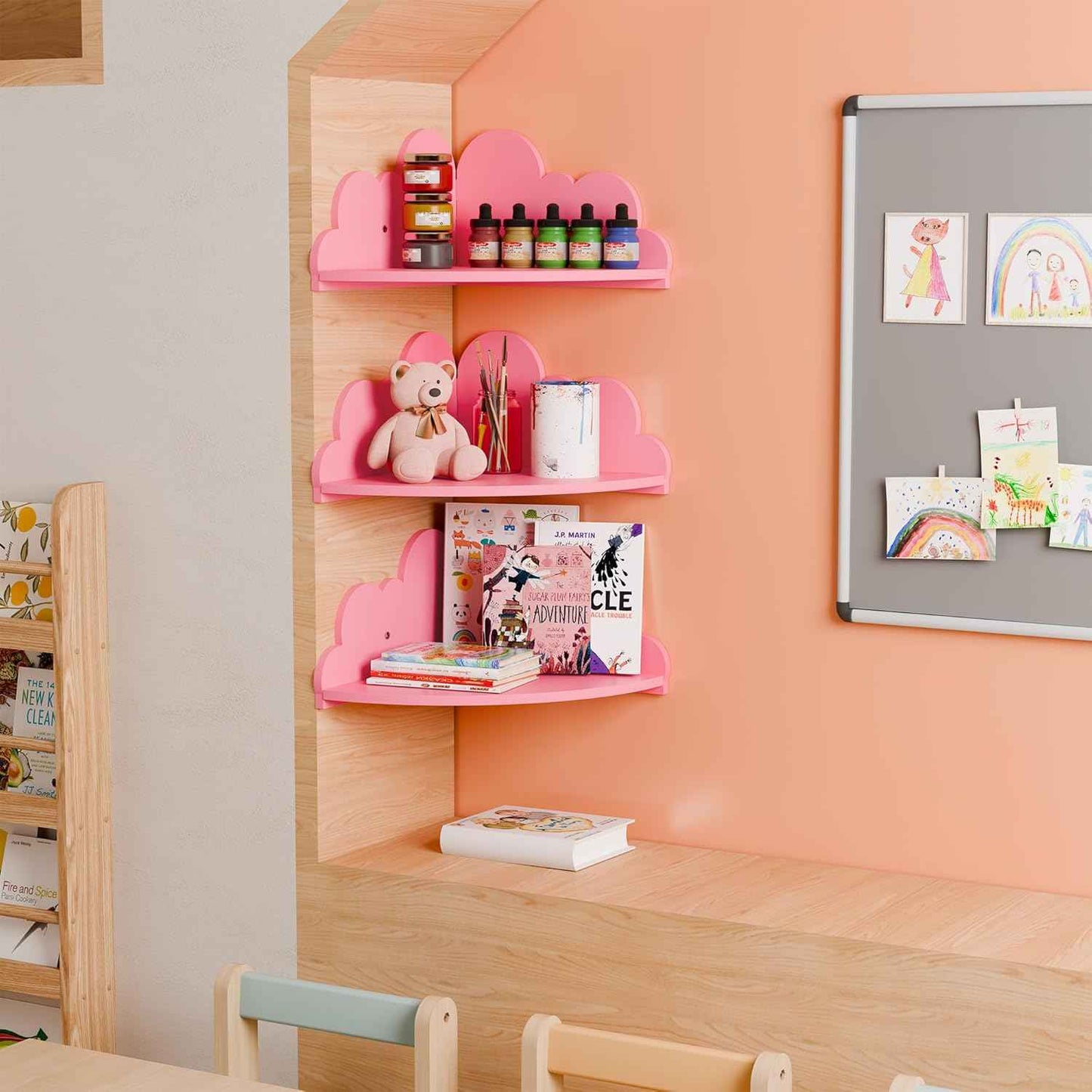 Cloud Floating Corner Shelves - Set of 3 Corner Wall Shelves for Kid’s Room, Corner Shelf Nursery Wall Deor, Small Cute Cloud Dispaly Shelf Wall Mounted for Toys, Plants & Storage,Pink.