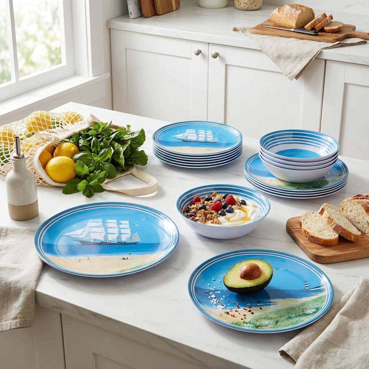 Outdoor Melamine Dinnerware Set 12-Piece, Beach Sailing Pattern Unbreakable Plates & Bowls, Dishwasher Safe Lightweight for Picnic Pool Party Camping（Sailboat）