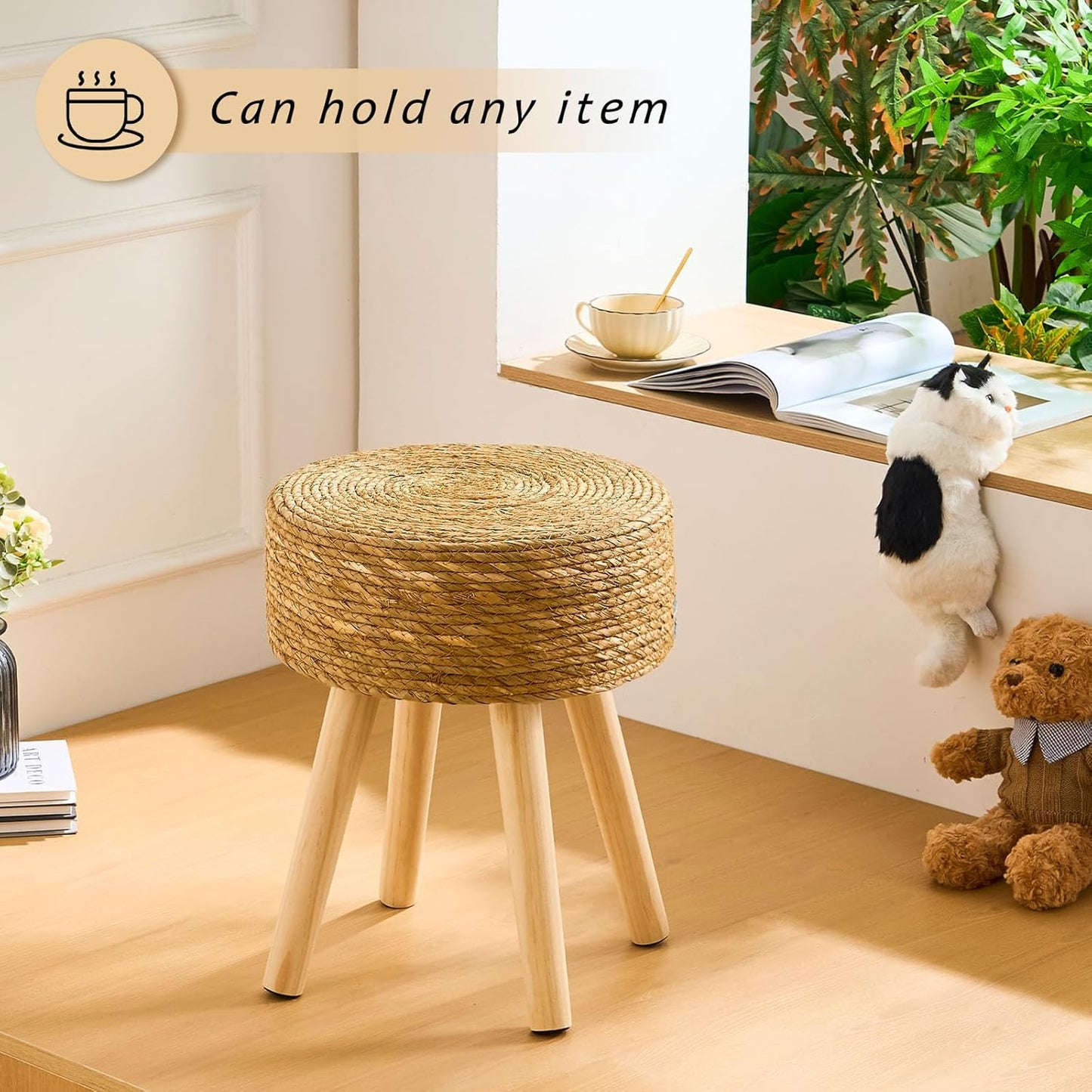 Handwoven Outdoor Ottoman, Water Hyacinth Pouf Round Patio Footstool with Wood Legs, 17-Inch Multipurpose Vanity Stool, Dining Chair, Patio Footrest for Balcony and Garden, Natural