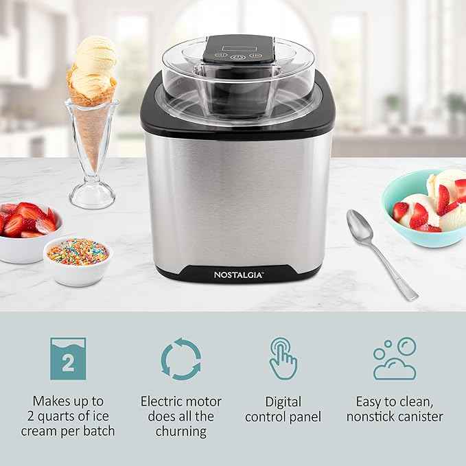 Nostalgia 2-Quart Electric Ice Cream Maker – Make Homemade Ice Cream, Gelato, Sorbet & Frozen Yogurt – No Salt/Ice Needed, Digital Controls, Mix-In Chute & Freezing Gel Canister – Stainless Steel