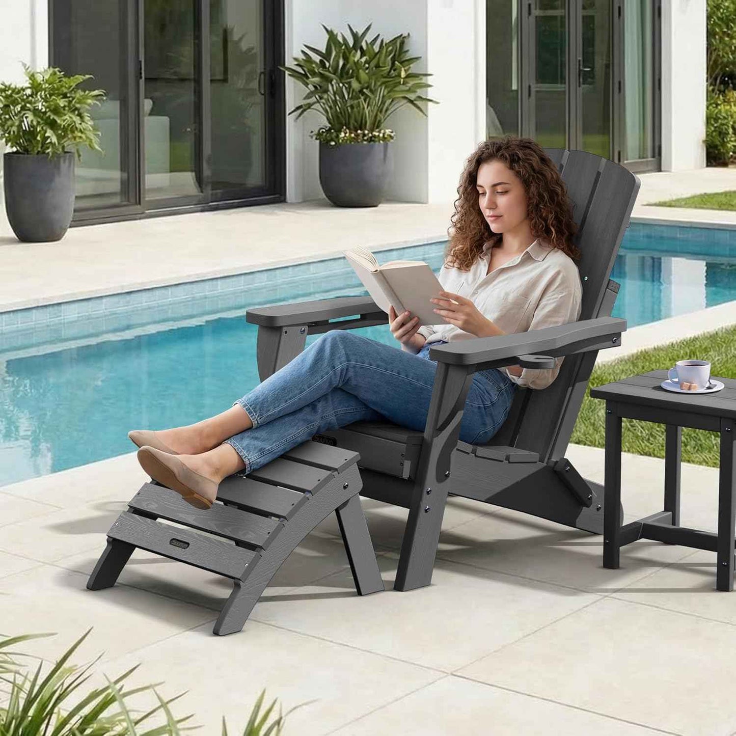 Adirondack Ottoman Footrest for Adirondack Chair, All-Weather HDPE Outdoor Foot Stool, Folding Patio Ottoman for Lawn, Garden, Deck, Backyard, Grey