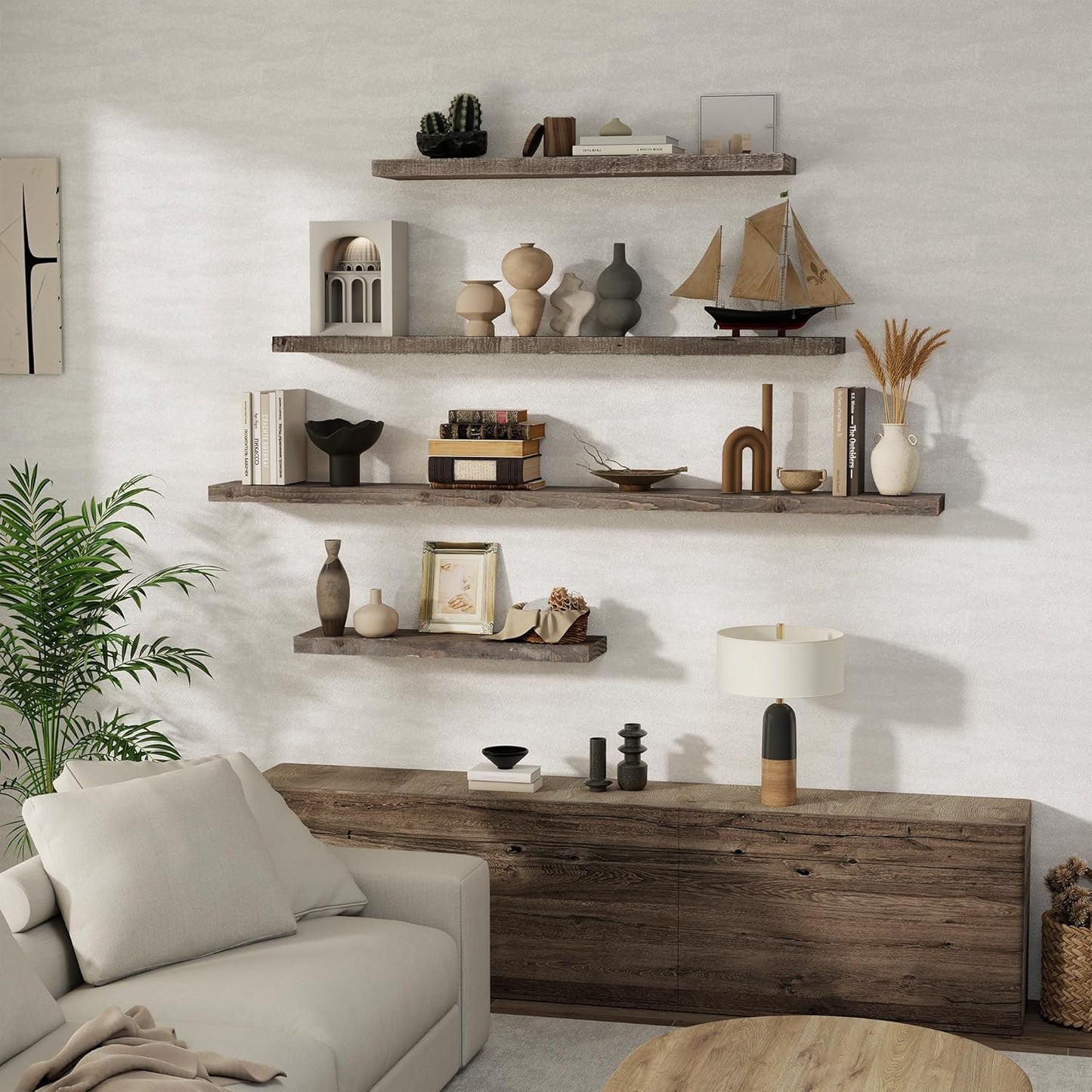 Floating Shelves, 8 Inch Deep Rustic Solid Reclaimed Wood Wall Shelves for Storage, Wall Mounted Display Shelving with Invisible Heavy-Duty Metal Bracket, 30 Inch Width Set of 2, Grey