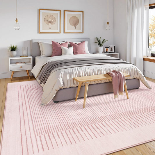 Wonnitar Striped Large Rugs for Living Room, Washable 9x12 Area Rugs for Bedroom, Non-Slip Soft Minimalist Pink Area Rug Throw Carpet for Nursery Playroom Guest Room (Pink,9' x 12')