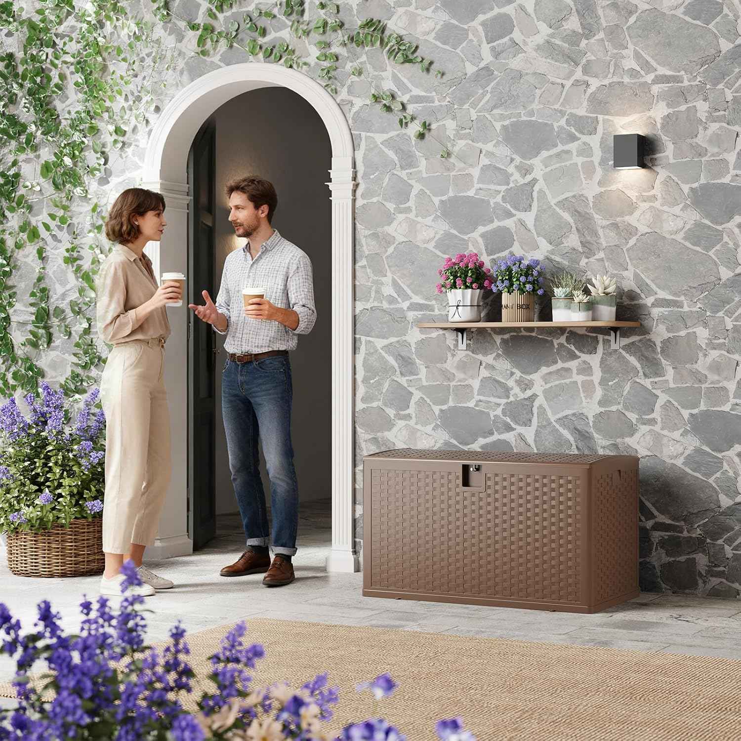 120 Gallon Outdoor Deck Box, Lockable Waterproof Outdoor Resin Box with Lid, Patio Storage Bin for Patio Furniture, Garden Tools, Pool Accessories - Brown