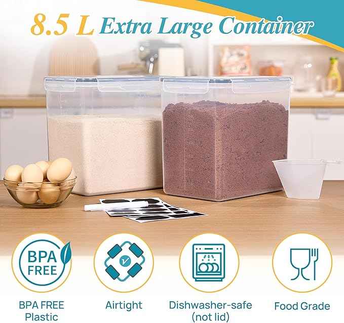 Vtopmart 8.5L 2 Pack Extra Large Flour Sugar Storage Containers for 20lbs flour, Airtight Kitchen Pantry Organization Canisters with Lids for Bulk food, Rice, Baking Supplies, BPA Free, Black