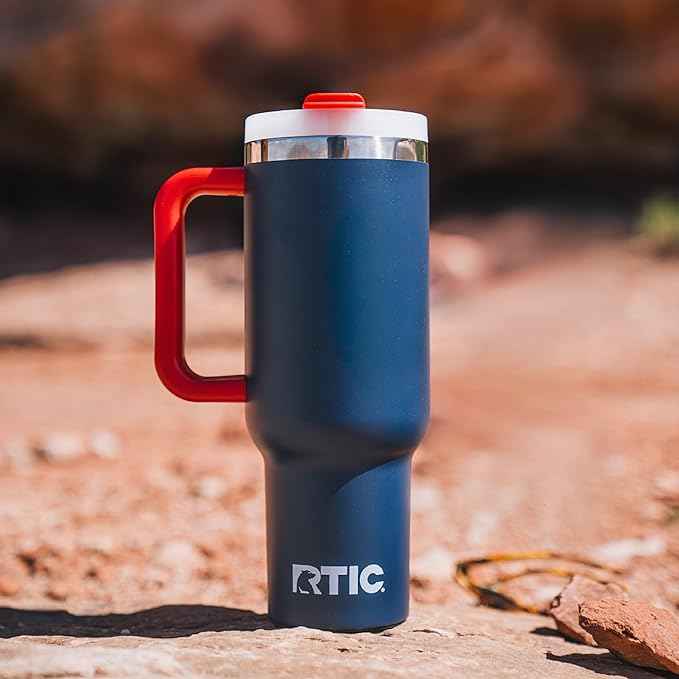 RTIC 40 oz Road Trip Tumbler Double-Walled Cermaic Lined Insulated Stainless Steel Portable Travel Coffee Mug Cup with Lid, Handle and Straw, Patriot