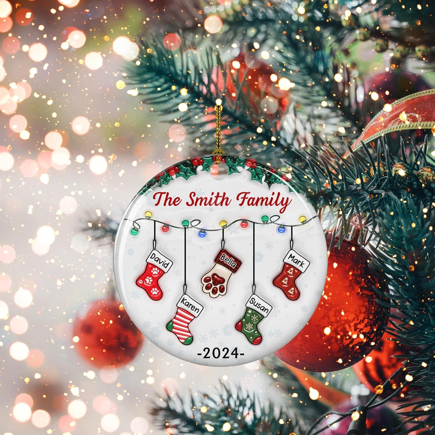 Stocking Personalized Family Christmas Ceramic Ornament 2025-3D Inflated Effect Custom Name Hanging Stock up to 10 Members, First Xmas as A Family Ornament Gifts (A04, 5 Names)