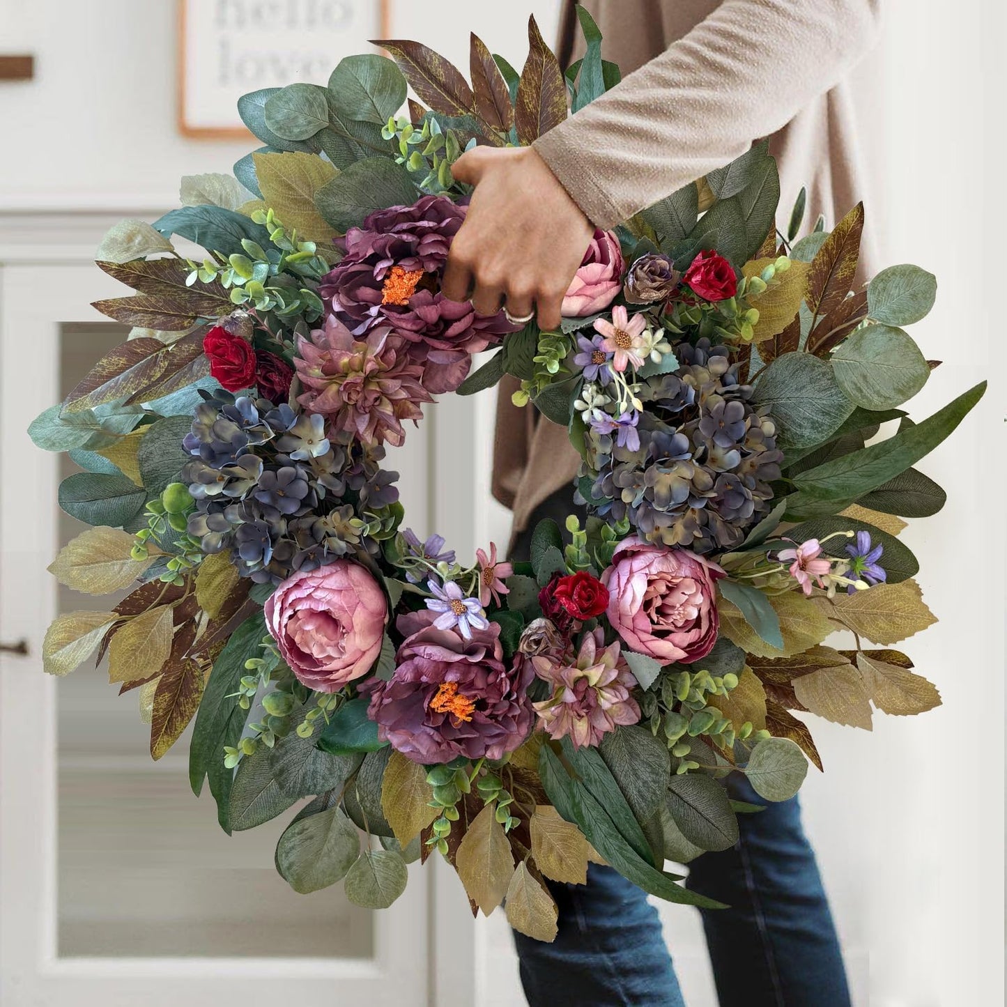 WANNA-CUL 24 Inch Spring Wreaths for Front Door Decor, Spring Front Door Wreath with Pink&Purple Peony Floral and Vintage Blue Hydrangea Flower for Wedding or Indoor&Outdoor Wreath Decoration