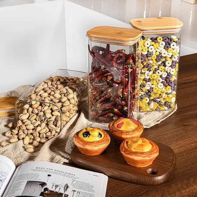 D2scrma 56oz Rectangle Airtight Glass Storage Containers with Bamboo Lids (Set of 4), Square Food Storage Jar, Pantry Organizers for Oats, Cereal, Pasta and Coffee beans (‎with Black Lable)