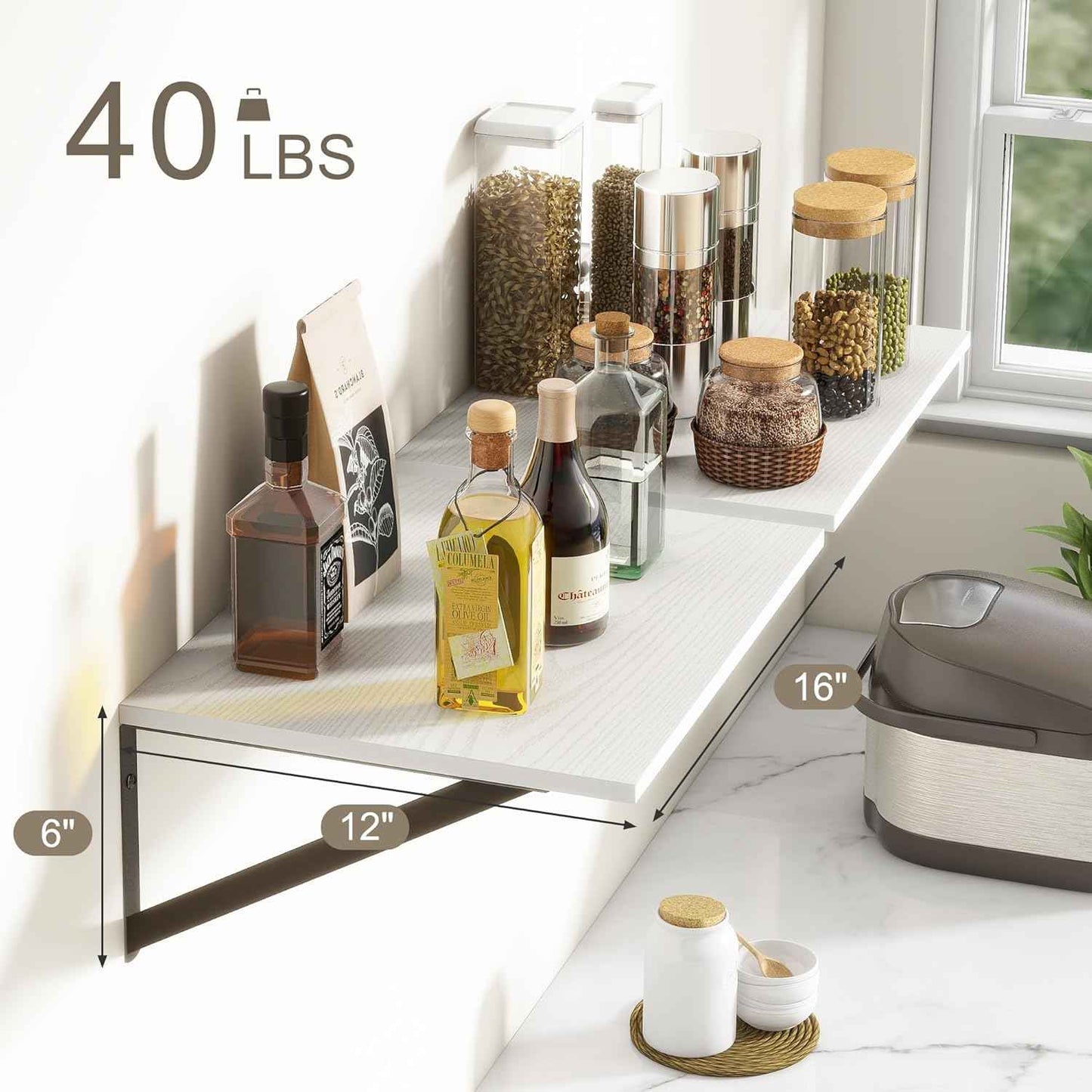 Fun Memories Floating Shelves Set of 2, 16" W x 12" D, White Ledges for Bedroom, Bathroom, 12" Deep Bookshelf Wall Mounted