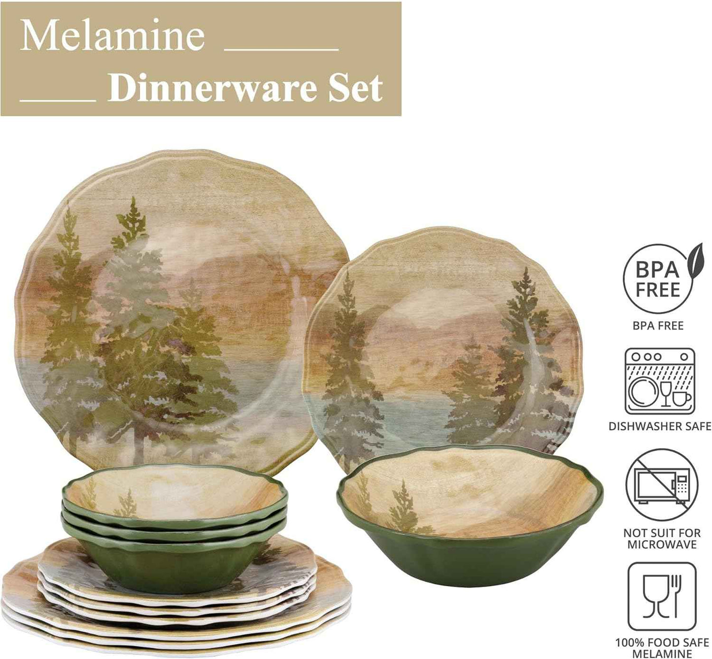 UPware 12 Piece Lakeside Pine Melamine Dinnerware Sets, Outdoor Dishes Set, Plates and Bowls Sets, Service for 4, Beige