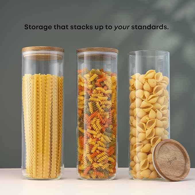 JoyJolt Holden 72oz Stackable Glass Storage Containers with Lids, Large Kitchen Food Storage Canisters with Acacia Wood Lids, Airtight Canister Set of 3 for Pasta Sugar Flour, Pantry Organization