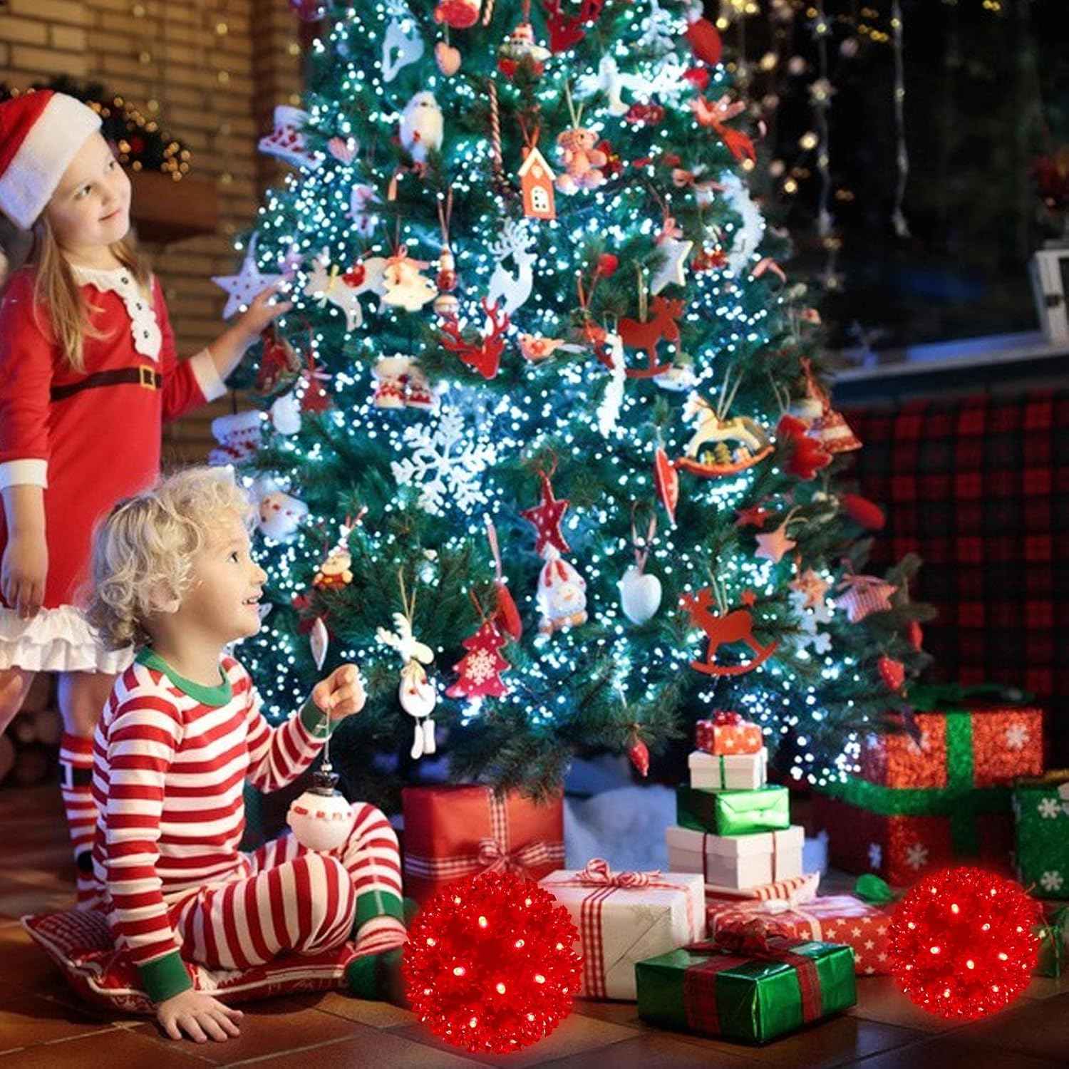 Christmas Lighted Ball 5.5" Outdoor Hanging Sphere Lights Orb 50 LED Red Starlight Sphere for Tree, Porch, Gazebo, Bedroom Decorations
