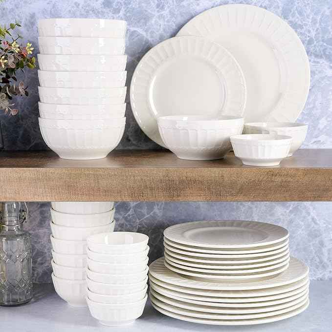 Gibson Home Zen Buffet Porcelain Ceramic Dinnerware Sets for 8, Plates and Bowls Set (40pcs), White Embossed Dishes