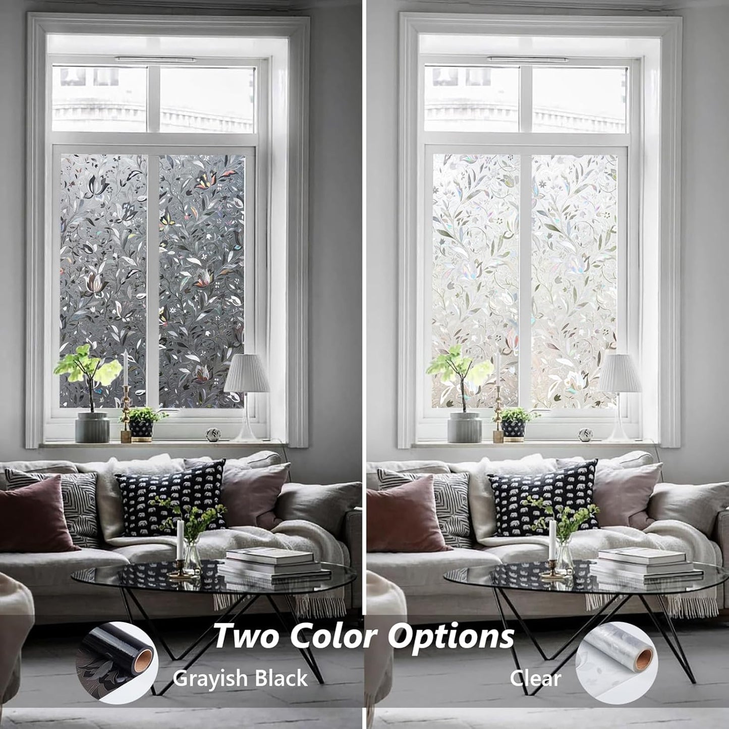 Kromapolis Window Film, Window Privacy Film Frosted, Vinyl Glass Covering, Stained Glass Decorative Film, Static Window Clings, Non-Adhesive (Grayish Black, 17.5 x 78.7 inch)