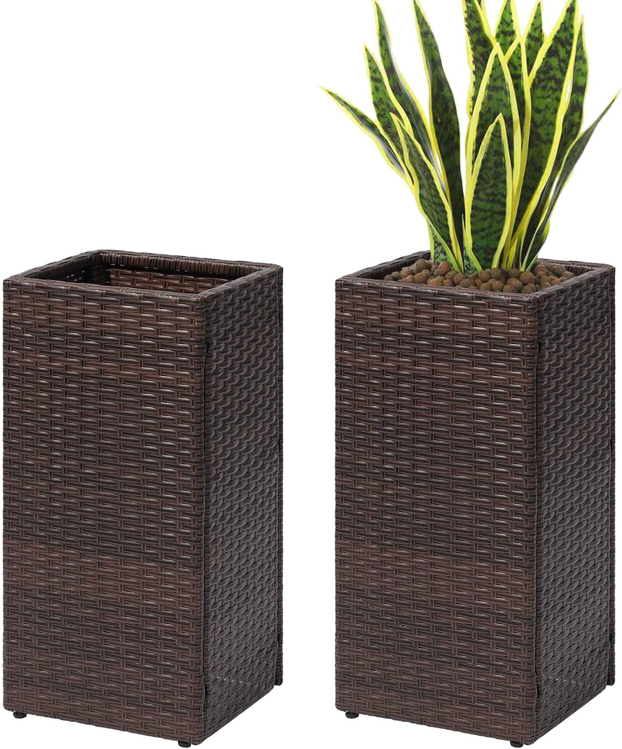SUNNYPARK 2 Pack Tall Planters for Outdoor Plants Rattan Modern Tall Square Planter Box with Removable Liners Indoor Outdoor Porch Patio Flower Pot (12’’ x 12’’ x 24’’)