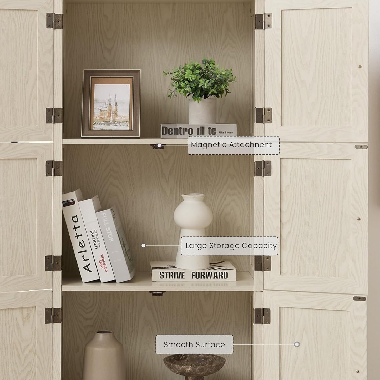 Farmhouse Tall Storage Cabinet with 8 Doors, 72" H Wooden Kitchen Pantry with 4 Shelves, 4-Tier Freestanding Bookshelf, Rack for Living Room (White & Style 2)