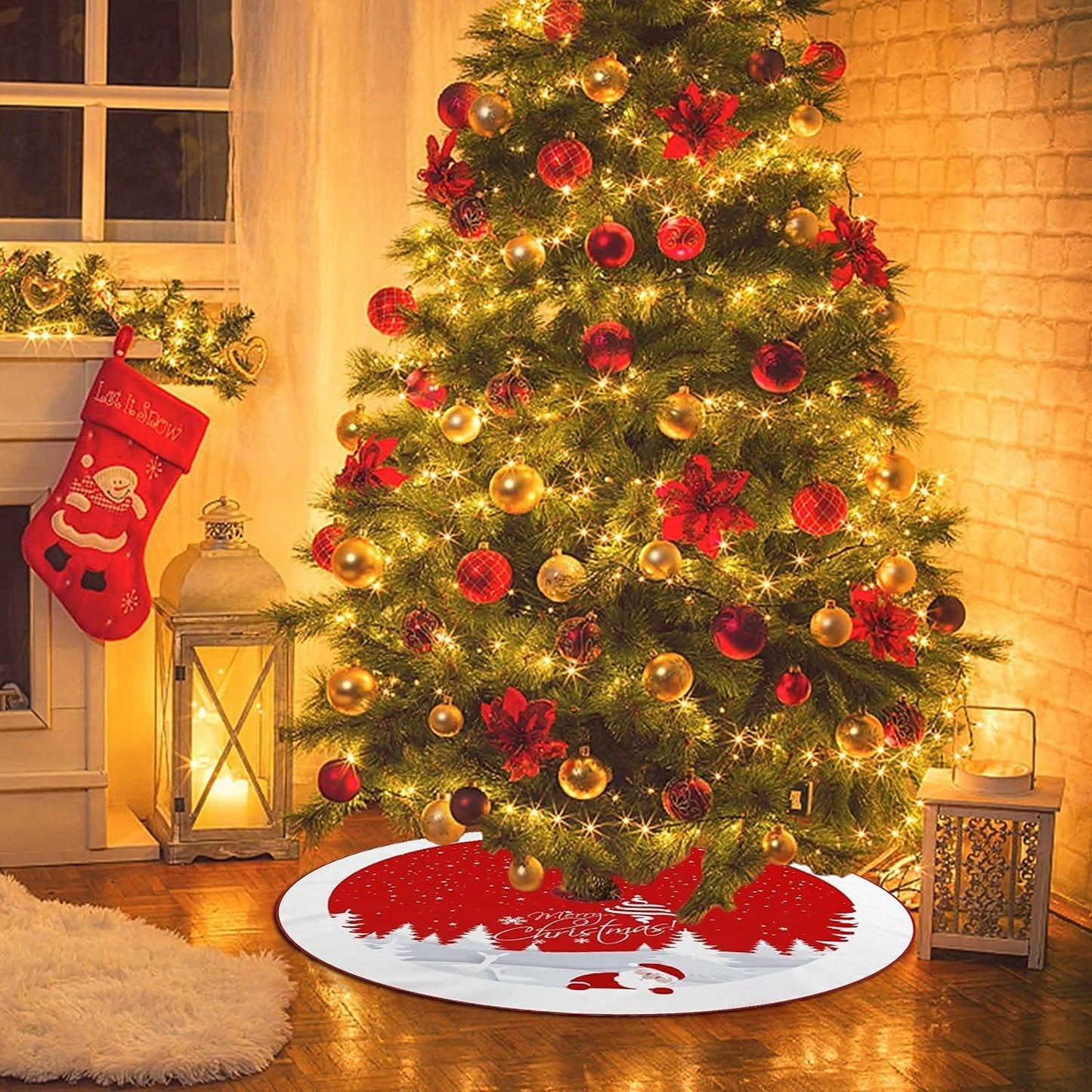 Christmas Tree Skirt Red Xmas Tree Ornaments for White Soft Plush Christmas Tree Mat with Snowy Pattern for Decorations Holiday Party 48 inches