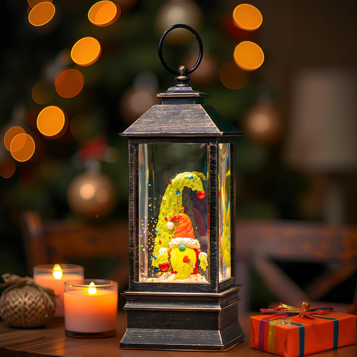 Christmas Snow Globe Lantern Water Glittering Xmas Gnome with Music, USB Lined/Battery Operated Lighted Lantern for Christmas Festival Decoration Gifts