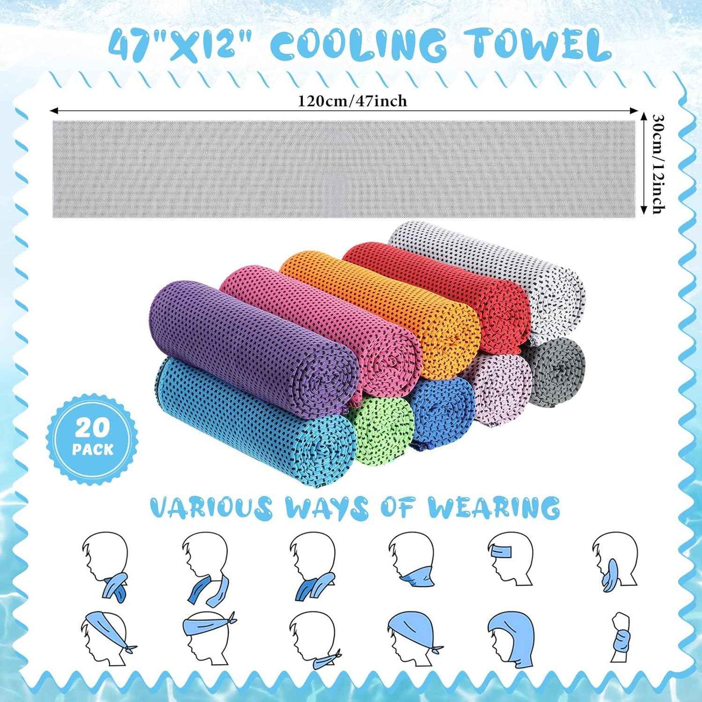 Hosuly 20 Pcs Cooling Towel 47 x 12 Inch Ice Towel for Neck, Microfiber Cool Towel, Breathable Soft Chilly Towel for Yoga, Sports, Gym, Camping, Golf, Running, Fitness, Workout(Multicolor, 20 Pcs)