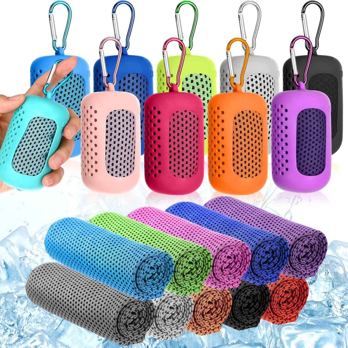 Peryiter 20 Pack Cooling Towels with Silicone Carry Cases Cooling Towels Bulk for Neck and Face Hot Weather Ice Towel Quick Drying Sweat for Sports Yoga Gym Running Fitness 10 Colors 35 x 12 Inches
