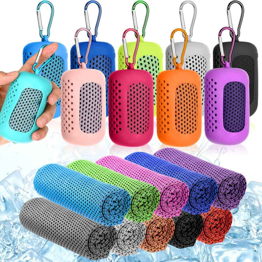 Peryiter 20 Pack Cooling Towels with Silicone Carry Cases Cooling Towels Bulk for Neck and Face Hot Weather Ice Towel Quick Drying Sweat for Sports Yoga Gym Running Fitness 10 Colors 35 x 12 Inches