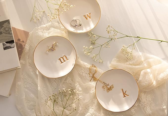 COLLECTIVE HOME - Ceramic Jewelry Tray, Decorative Trinket Dish for Rings Earrings Necklaces Bracelet Watch Keys, Birthday Mother's Day Christmas Gift for Women, 4.75", White Surface (W)