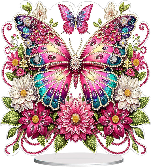 Diamond Painting Kits for Adults Beginners, 5D Full Drill Flowers and Butterfly Crystal Art Desktop Ornament, DIY Single Sided Home Office Desk Decor, Creative Craft Gift Set with Tools
