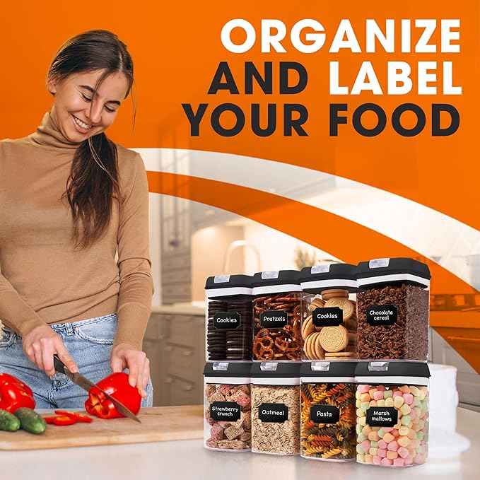 Cheer Collection Airtight Food Storage Containers, Kitchen Storage Containers for Pantry, Set of 8 Food Containers with Lids Airtight, Pantry Storage Containers & Organizers with Lids, Black