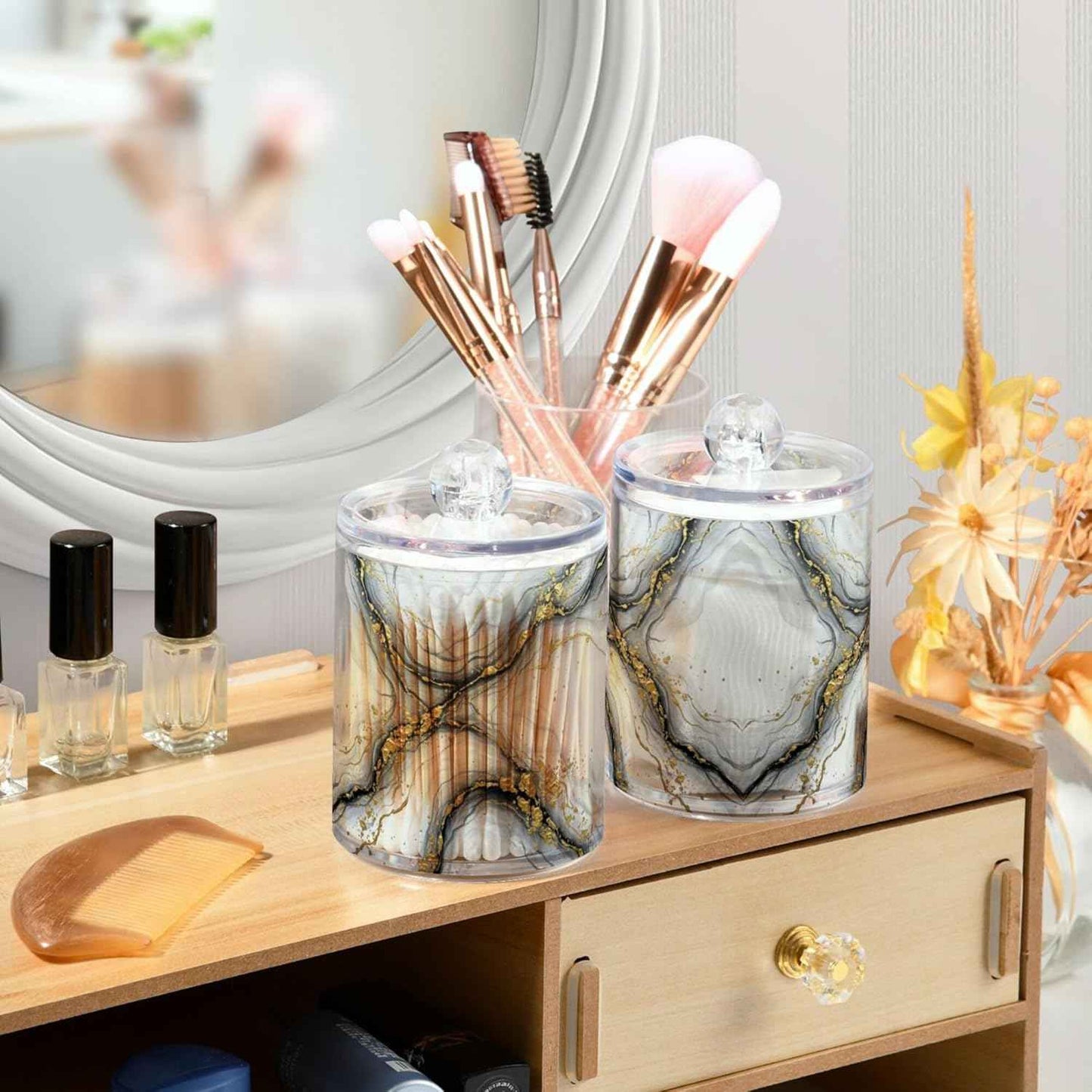 MNSRUU 2 Pack Qtip Holder Organizer Dispenser Marble White Gold Bathroom Storage Canister Cotton Ball Holder Bathroom Containers for Cotton Swabs/Pads/Floss