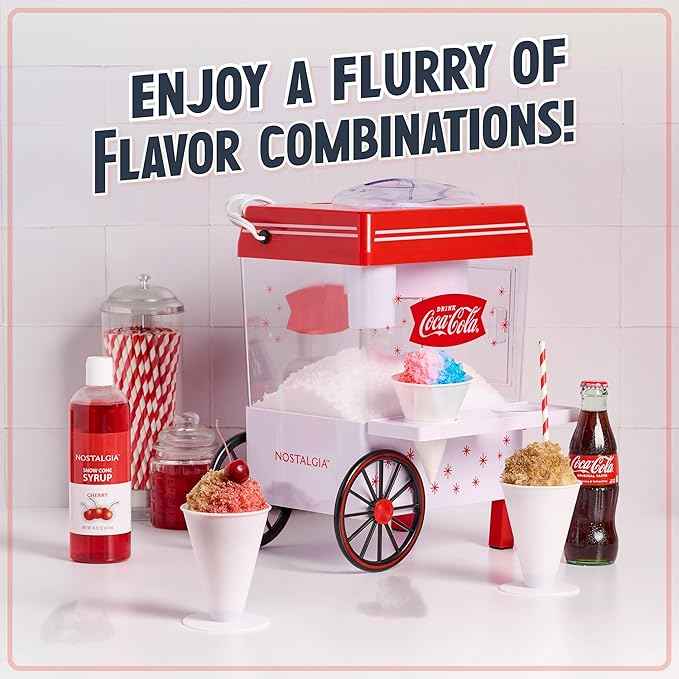 Nostalgia Coca-Cola Snow Cone Machine – Retro Table-Top Snow Cone Maker with Stainless Steel Blades – Slushie Machine Includes 2 Reusable Plastic Cups & Ice Scoop, Makes 20 Icy Treats - White & Red