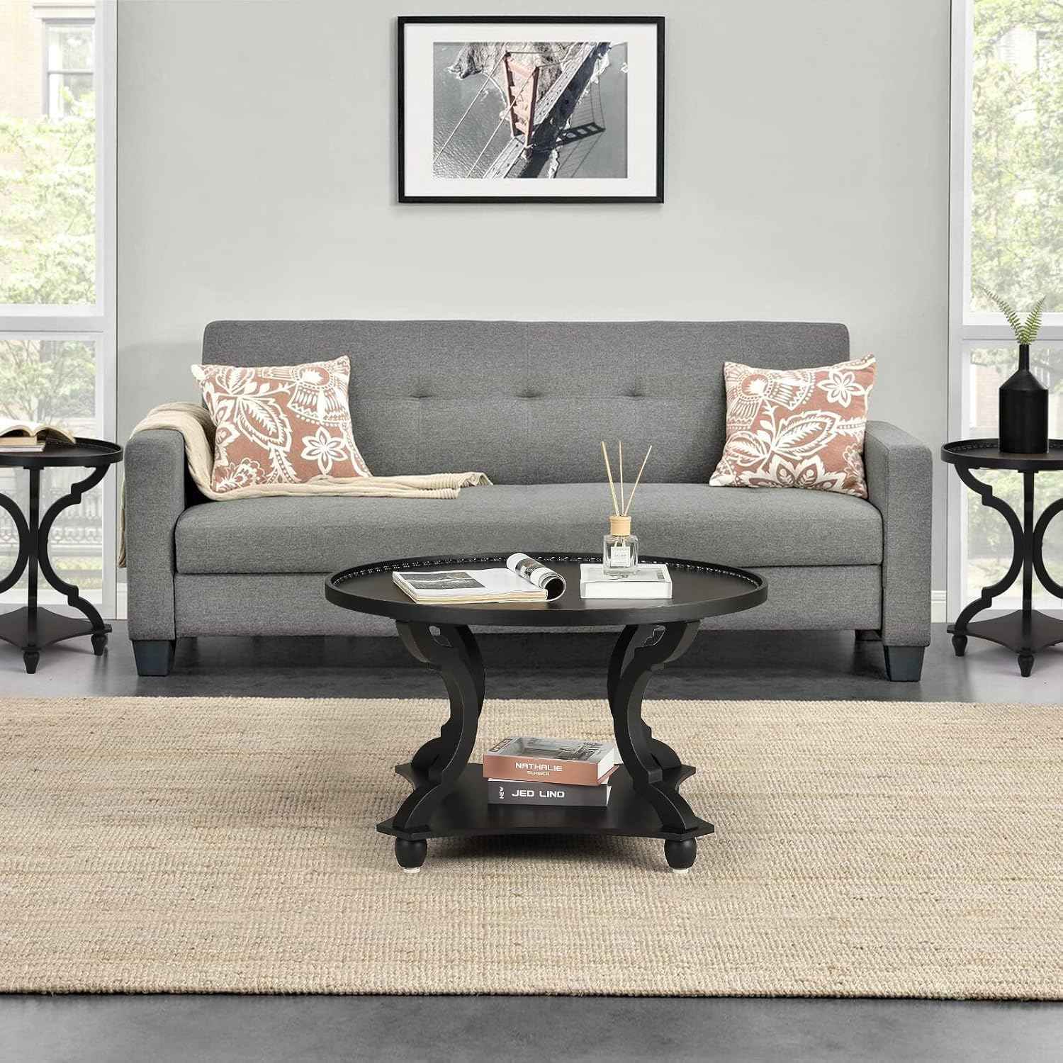 Wnutrees Farmhouse Round Coffee Table, Wood Tray Top Circle Coffee Table with Storage Shelf Rustic Style for Living Room and Vintage Finish, Black