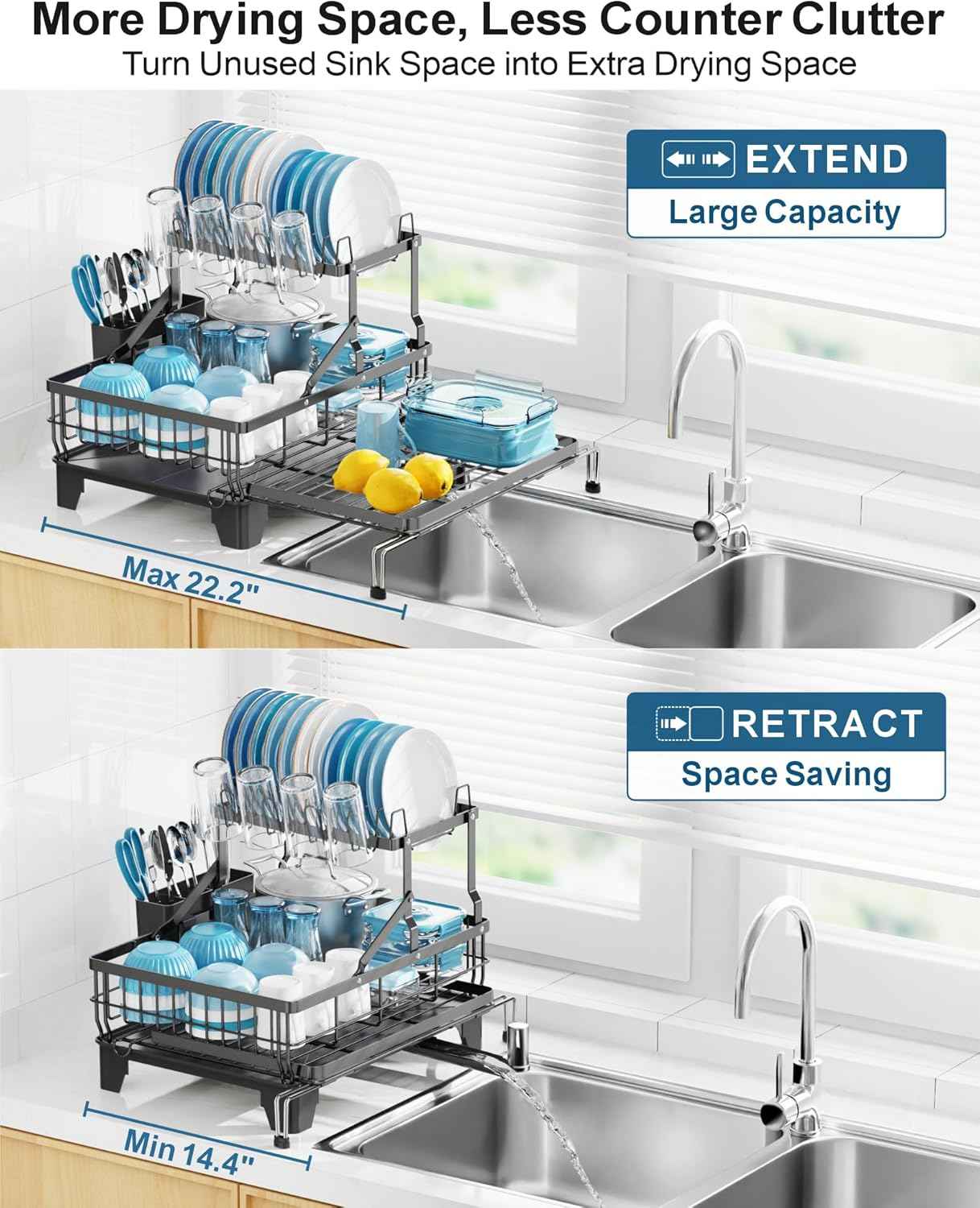 GSlife Large 2 Tier Dish Drying Rack, Expandable Heavy-Duty Dish Rack for Kitchen Counter, Rust-Resistant Dish Drainer with Utensil & Cup Holder, Auto-Drain, 16.9" W x 14.4"-22.4" L, Black