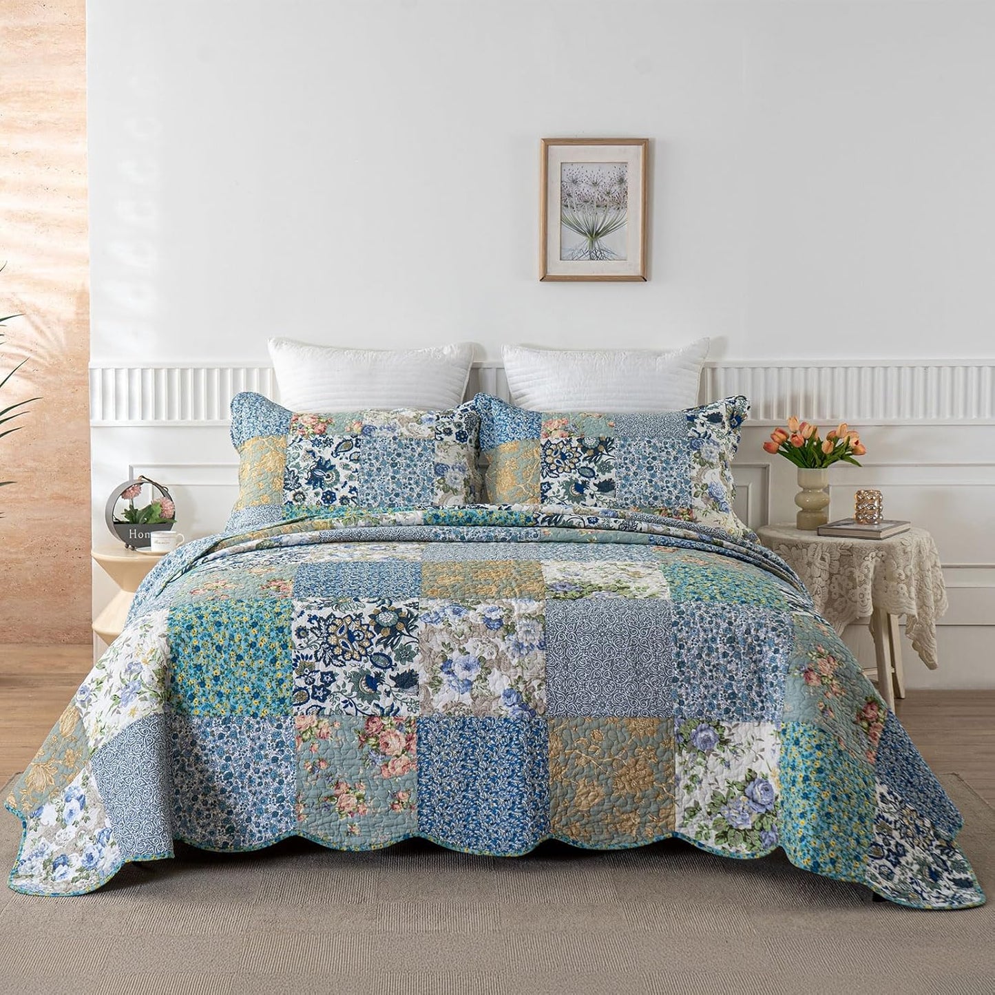 YAYIDAY Quilt King Size Patchwork Bedspread Set - 100% Cotton Reversible Breathable Floral Quilted Quilt with Pillow Shams Fit All Season